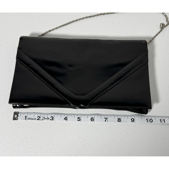 Vintage Black Patent Finish Vinyl Envelope Clutch Handbag Chain Strap - Picture 6 of 16